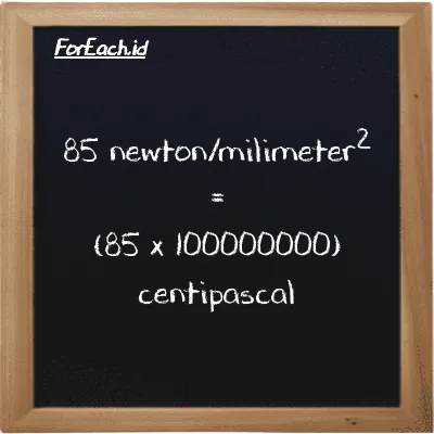 How to convert newton/milimeter<sup>2</sup> to centipascal: 85 newton/milimeter<sup>2</sup> (N/mm<sup>2</sup>) is equivalent to 85 times 100000000 centipascal (cPa)